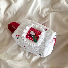 메리 헬로키티 키티 파우치 미니 퀄팅 누빔 가방 프릴 레이스 체리 파우치 스트랩 선물 화장품백, 1개, 체리화이트