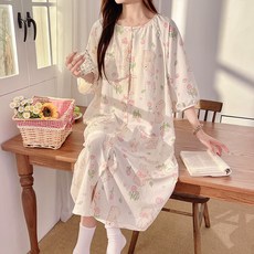 임산부 잠옷 원피스 여름 홈웨어 편안한 면 소재 귀여운 토끼 인쇄 내장 가슴 패드 JS