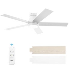 조명이 있는 TCL 52인치 천장 선풍기 실버 플러시 마운트 블레이드 로우 프로파일 5개 6단 DC 리버서블 디밍 가능 침실 거실 및 차고용 모던, White, 화이트.