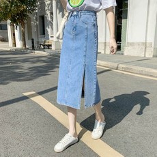 옆트임 롱 데님 스커트 연청 워싱 앞절개 청치마 mgg95iDC