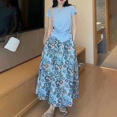 ORZQU 봄여름 여성 캐주얼 시크 라운드넥 허리조임 반팔 니트 티셔츠 프린트 스커트 투피스