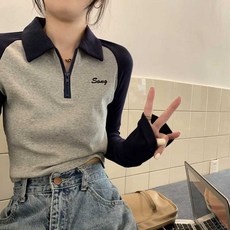 美式撞色Polo領修身顯瘦長袖T恤 內搭打底衫 春季短款上衣