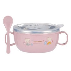 304不鏽鋼雙層雙把碗勺組 雙柄帶蓋隔熱防燙輔食碗 餐碗 兒童碗 保溫碗 防摔 湯碗 碗 幼兒園, 粉色（304不鏽鋼）碗約300ml+勺, 1個
