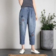 여성용 가을 빅사이즈 와이드 데님 팬츠 하이웨스트 자수 9부 배기 청바지