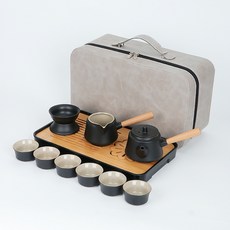 DIU 旅行茶具套裝茶盤家用功夫茶具戶外可攜式泡茶壺陶瓷商務禮品, 1個, 經典黑/側把壺茶具套裝:如圖