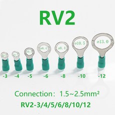 50PCS RV2-3/4/5/6/8/10/12 AWG 16-14 1.5mm2.5mm 링 절연 터미널 구멍 원형 페룰 케이블 매트 카펫 러그 황동 와이어 커넥터, 04 Green, 05 RV2-6