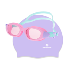킵스위밍 초등 유아동 주니어 생존수영 수경+수모 세트, 수경:핑크+수모:라벤더, 1개