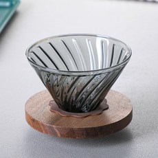 해피유통 핸드드립 커피필터 컵 유리 스테인레스 목재 드립퍼 나무받침대 고용량 라인 디자인, 검은 호두나무 받침(실리콘 포함) + 작은 나선형 필터