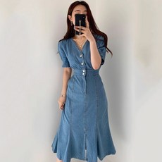 白鳥麗子 牛仔連身裙 V領排扣收腰開衩短袖洋裝, 藍色