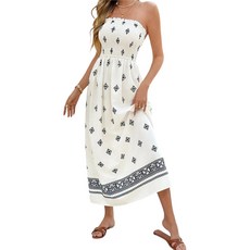 여성 Strapless 튜브 맥시 드레스 Flowy Swing Long Sundress 민소매 여름 Boho 비치 드레스
