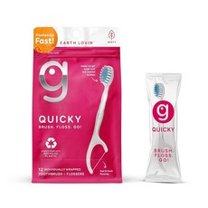 Grin Quicky 치실이 있는 일회용 칫솔 미리 붙여진 부드러운 칫솔모 물 필요 없음 개별 포장된 여행용 칫솔 키트 민트 맛 12개입 127666, Grin Quicky 치실이 있는 일회용 칫솔, 미리