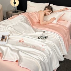 슬림소녀 여름 이불 얼음 실크 수놓음 세탁가능 얇은 여름용 침구세트, 클로버 아이보리핑크 워싱실크