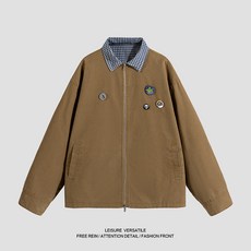 美式徽章裝飾復古寬鬆水洗做舊兩面穿翻領夾克外套 男女款長款運動工裝夾克