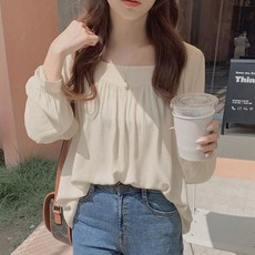 쉬폰 긴팔 블라우스 가을 스퀘어넥 여성 데이트 상의 데이트룩 하객룩 셔츠 셔링 프릴 루즈핏 예쁜