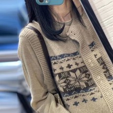 루스리더 여성용 캐주얼 귀여운 긴팔 니트 포근 데일리 패턴 가디건 E480