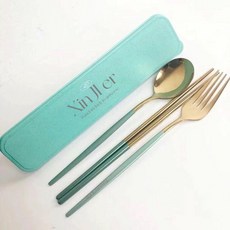 Xin Ji Er 304不鏽鋼餐具組 附便攜盒, 1個, 新吉兒高級勺子叉子筷子盒裝三件套