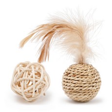 草編鈴鐺雙球組合，貓咪玩具套裝，內含響鈴、羽毛、藤條等多種逗貓元素，激發寵物玩樂天性, 1個, 草編鈴鐺雙球組合(2顆入), 草編鈴鐺雙球組合