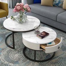 現代簡約圓形巖闆茶幾，小戶型客廳創意石材玻璃組閤茶桌，多功能圓形茶几, 60+45雙亮面雪山白-白抽屜黑腳, 1個