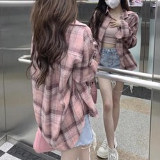 여성 가을 겨울 데일리 루즈핏 남방 핑크 체크 셔츠 긴팔 캐주얼 오버핏 레이어드 간절기