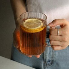 카페 사무실용 골지 스트라이프 유리컵 400ml 손잡이 커피잔, 1개