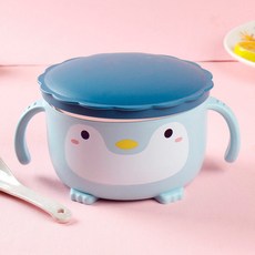 創意企鵝不銹鋼碗隔熱防摔雙層碗寶寶喫飯碗家用麵條碗米飯碗帶勺, 1個, 籃色304（500ml）送勺子