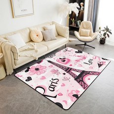 Feelyou 어린이 에펠탑 거실 러그 부분 러그 7.6x12.7cm(3x5인치) 발렌타인 데이 러그 거실 침실 남아 여아 러브 플라워 장식 러그 프랑스 파리 로맨틱 시티 실내, 3'3" x 4'11" (Rectangular), 화이트 핑크 블랙