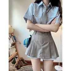 Yellwel 여성용 여름 스트라이프 셔츠 원피스 세트 반팔 미니 스커트 캐주얼 룩 DJP