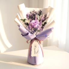 데이나 생화 프리저브드 꽃다발 + 쇼핑백(28cm x 40cm), 라벤더 퍼플