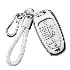 MODACE 현대 차키케이스+스트랩 메탈 키링 열쇠고리(5버튼/7버튼)TPU 소프트젤 보호 케이스, 7버튼-실버 화이트