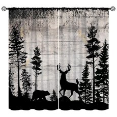 소박한 곰 사슴 캐빈 커튼 사냥 숲 소나무 창문 장식 거실용 레트로 컨트리 농가 롯지 야생 동물 나무 보드 드레이프 주방 침실용 너비 106.7 x 길이 114.3cm(42