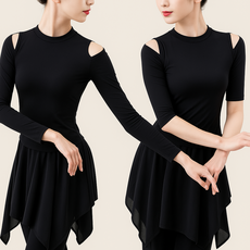 여성 라인댄스복 홀 티셔츠 라틴 스포츠댄스 발레복 모던댄스 사교댄스 탱고 상의, 긴팔, 블랙