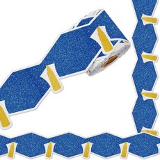 Whaline 2.9m(65.6피트) 글리터 졸업 게시판 테두리 블루 졸업 모자 골드 태슬 다이 컷 트림 테두리 롤 축하 졸업생 파티 용품, Whaline 2.9m(65.6피트) 글리터 졸업 게시