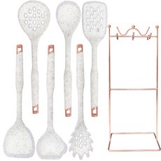矽膠廚房料理鍋鏟湯勺組 7件套含收納架, 半透噴點廚具7件套 含收納架 雪山白, 1個