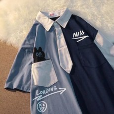 고양이 남자 여자 반팔셔츠 복고 엔틱 노멀 댄디 오버