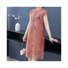 改良式旗袍洋裝新中式旗袍裙雪紡連衣裙修身大碼民族風媽媽氣質連衣裙, 粉色