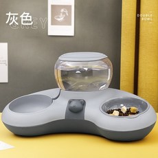 寵物貓碗狗碗 月牙自動飲水餵食雙碗 防打翻狗盆貓糧水碗, 1個, 月牙型飲水餵食雙碗（灰）