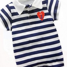 영아 바디수트 하트 마린 스트라이프 면 반팔 카라 여름