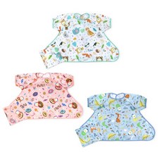 PUKU 寶寶袖套式防水圍兜 可愛卡通圖案 加大尺寸 易清潔, 恐龍藍, 1個, 1個裝