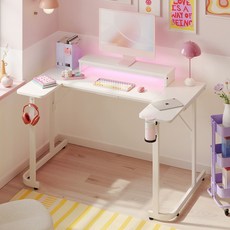 Bestier 게이밍 컴퓨터 책상 1인용 led T자형 테이블, 무늬 화이트