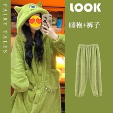 卡皮巴拉 珊瑚絨睡袍 加絨加厚 可愛卡通長款家居服