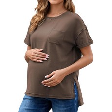 Ecavus 여성용 임산부 티셔츠 오버사이즈 반소매 루즈핏 면 혼방 임산부 상의 캐주얼 웨어 차콜 S