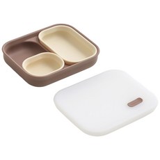 TACKAON 123 矽膠吸附2格餐盤 + 2格蓋子 + 配料碗 + 長碗組, 1套, 棕色(餐盤), 黃色(碗)