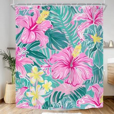 Riyidecor 트로피컬 핫 핑크 플로럴 샤워 커튼 욕실 장식용 152.4cm x 높이 182.9cm 꽃 녹색 잎 야자수 식물 히비스커스 모스테라 아트 프린트 패브릭 폴리에스, 핑크 틸