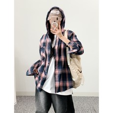 모모무드 여성 오버핏 후드 체크 남방