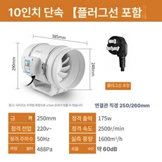 덕트팬 환풍기 배기 주방 후드 고기 연기 환기 PVC 배관, 10인치 단일 250mm 플러그인