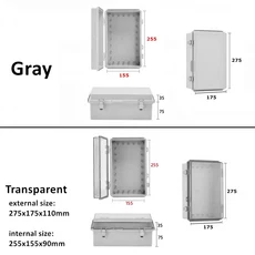 호환 방수 회색 투명 커버 인클로저 정션 박스 ABS 플라스틱 야외 전자 기기 힌지 케이스 IP67, 01 Gray cover, 14 275x175x110mm