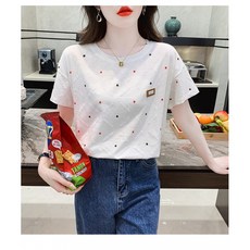 여름 여성용 정숄더 반팔 티셔츠 i 트렌드 2026 루즈핏 레드 블랙 별무늬 반소매 티셔츠 상의 여름옷