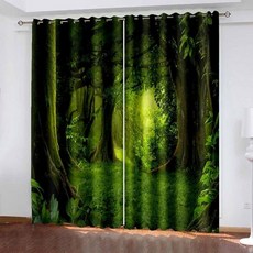 리르진 침실 암막 커튼 90인치 길이 암막 커튼 드레이프 가정 장식용 아이렛 판타지 정글 풍경 창문 커튼 방 어둡게 하는 그린 92 x 90