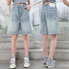 키즈목마 여름 여아 냉감 데님 밴딩허리 5부반바지 주니어 캐주얼 와이드 포켓 영문자 청반바지 666