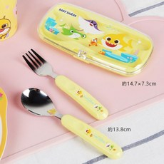里和 lilfant 韓國製 碰碰狐 鯊魚家族 304不鏽鋼 學習筷 叉子 湯匙 餐盤 兒童餐具組, 1個, 湯叉小盒組, 黃色, 湯叉小盒組
